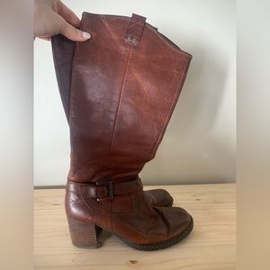 BORN buckle brown chestnut leather campus knee high tall block heel boots 9 40